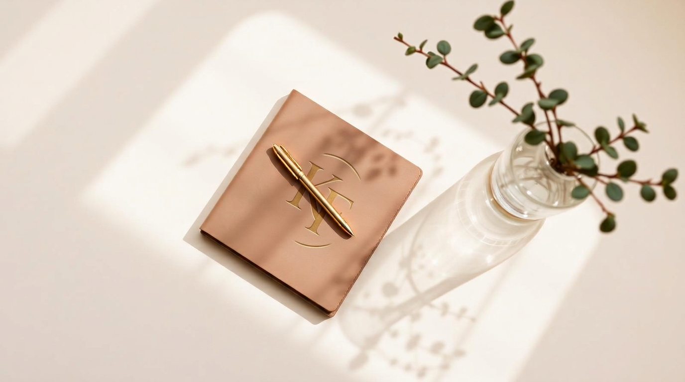 A Key Figures branded notebook and gold pen on a warm desk with natural light